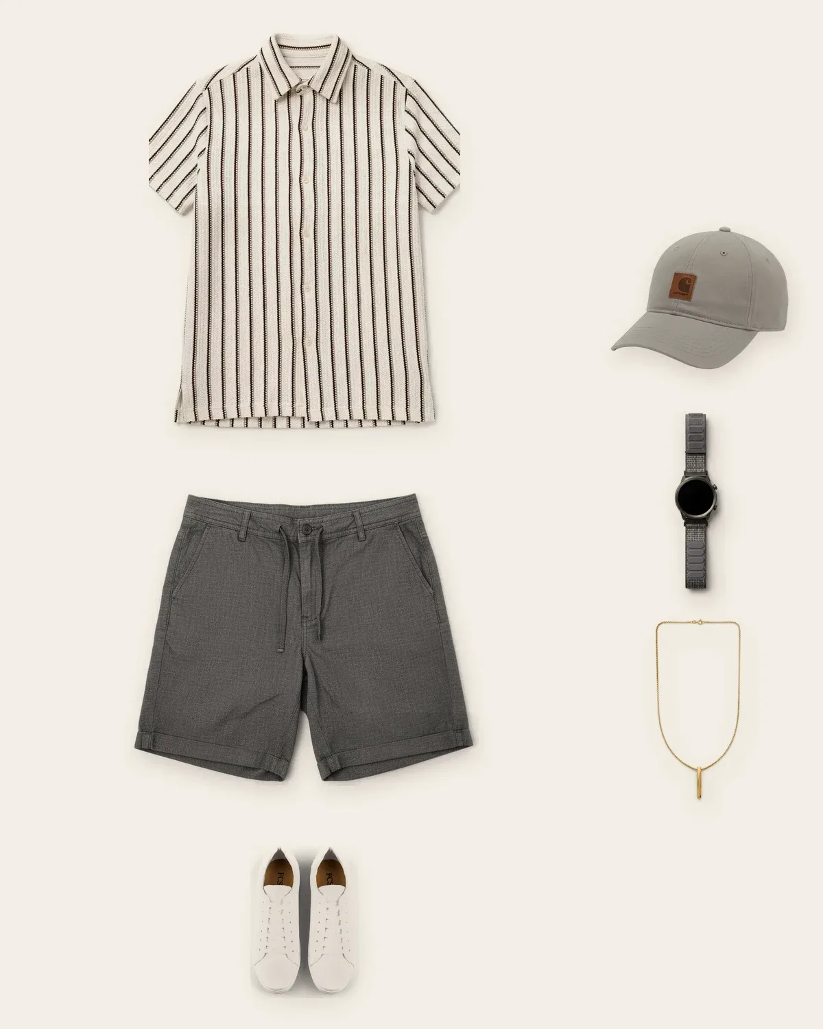 Striped camp shirt, grey shorts, white sneakers, a cap, a watch and a gold chain