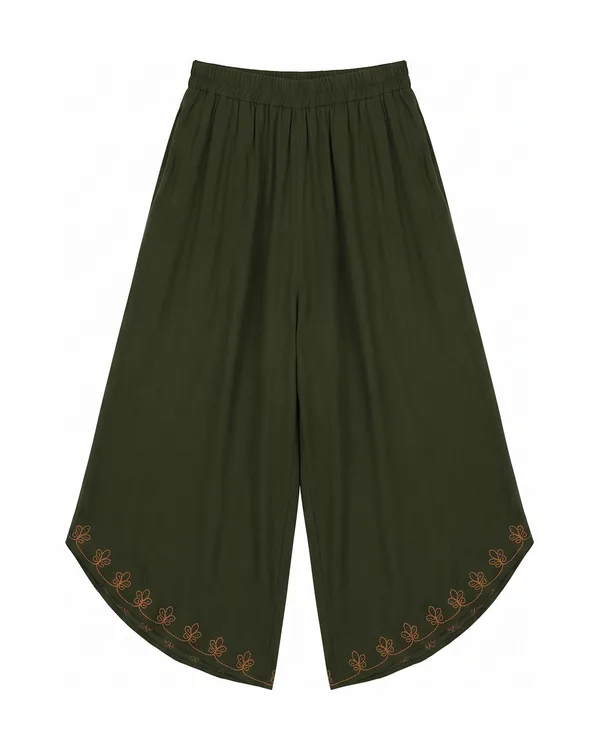 Olive wide-leg trousers with an embroidered hem