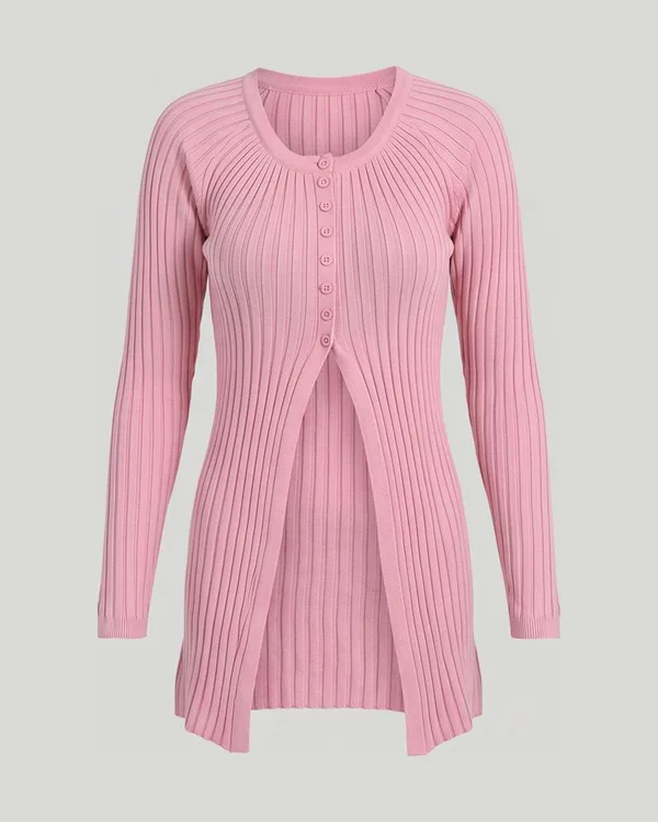 A long pink ribbed cardigan