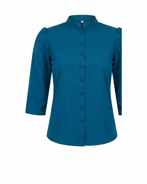 A teal blouse with a mandarin collar