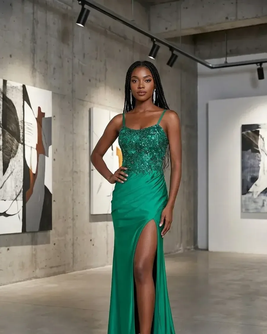 A woman in an emerald sequined gown in a concrete gallery