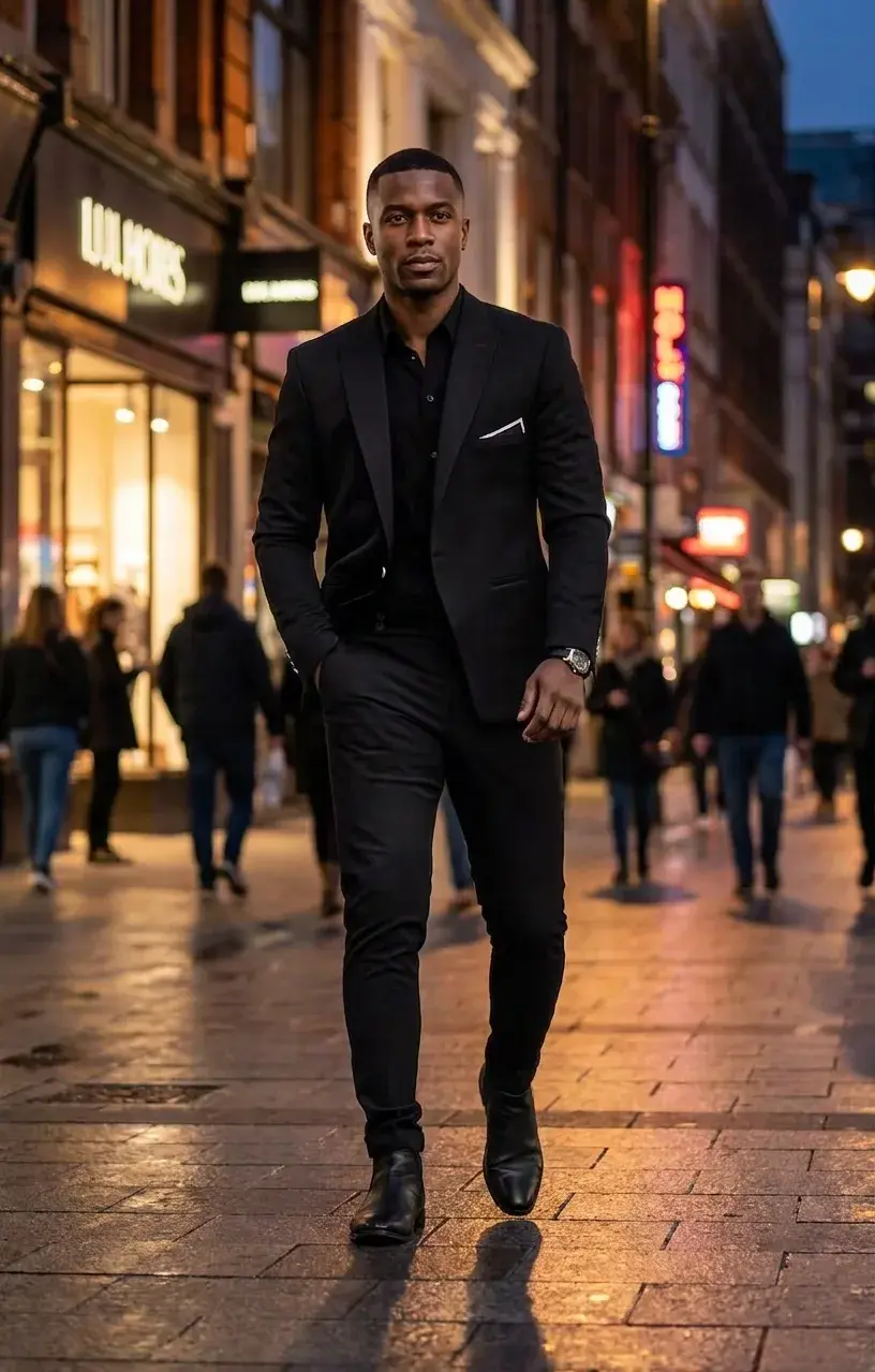A man in a black suit with a pocket square on a city street at night