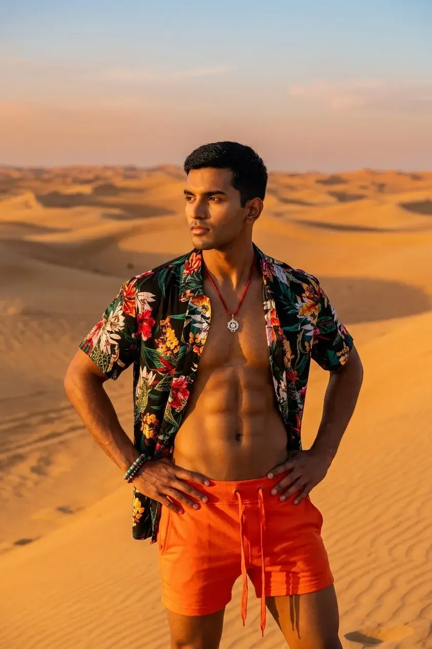 A man in an open floral shirt and orange shorts walking desert dunes at golden hour