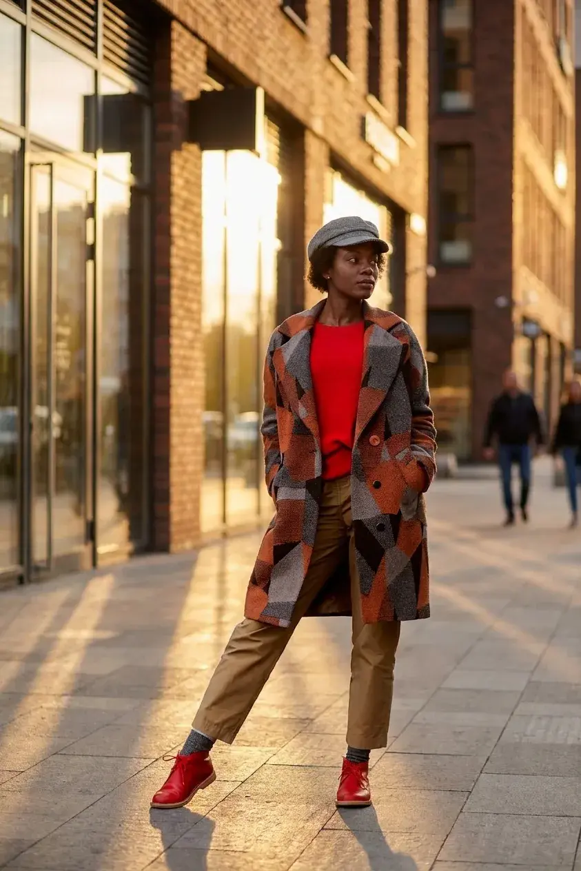 A woman in a colorblocked coat, red sweater, and red boots on a city street at sunset